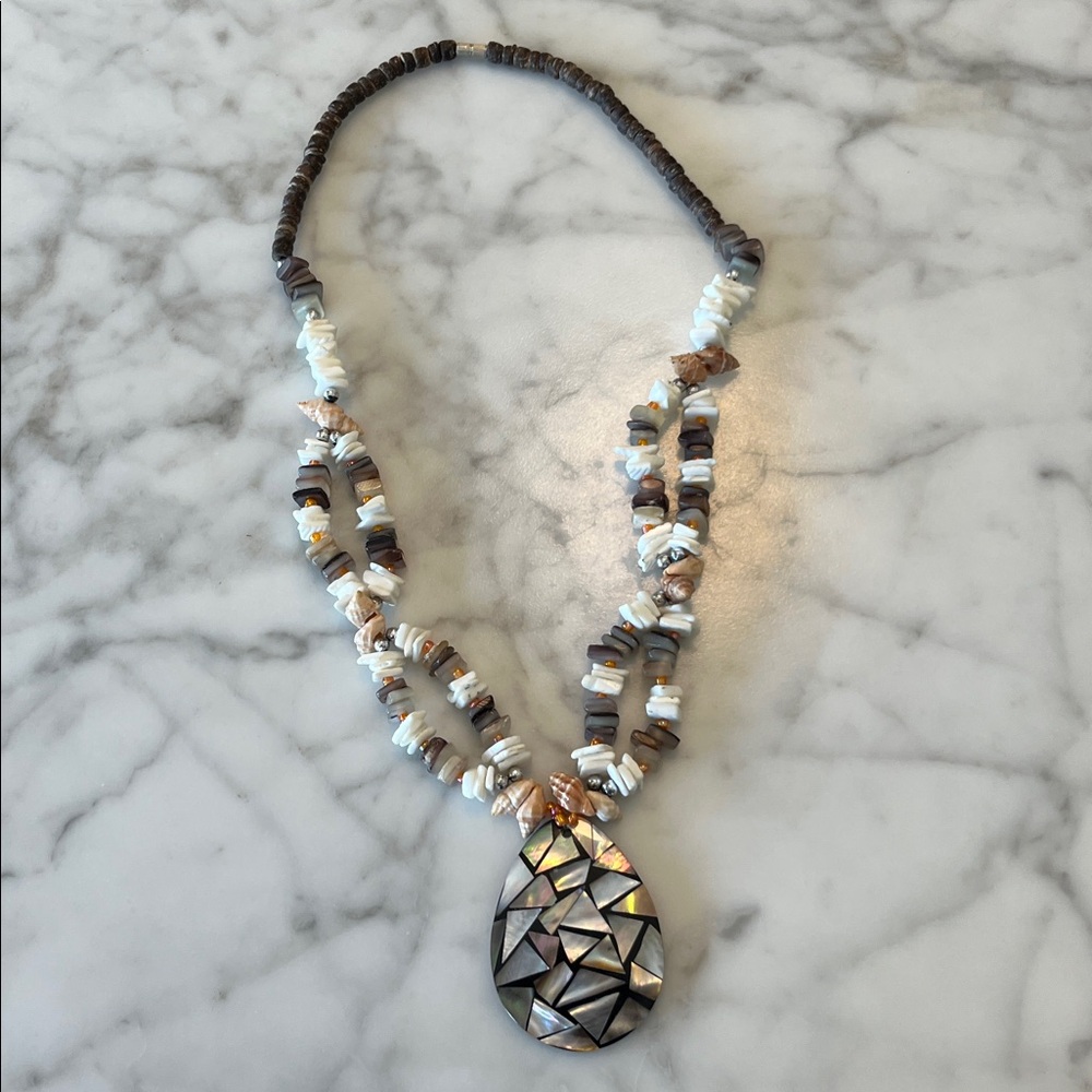Vintage Brown and Cream  Shell Mosaic Pendant Necklace